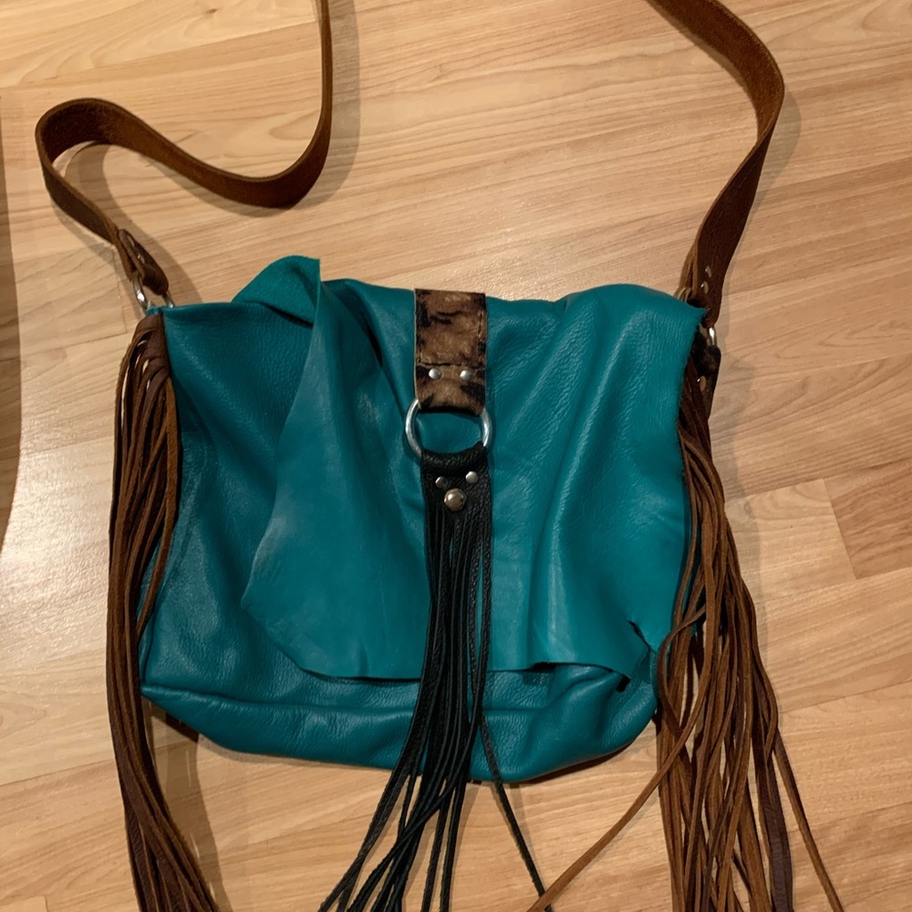 Turquoise animal fringe leather purse